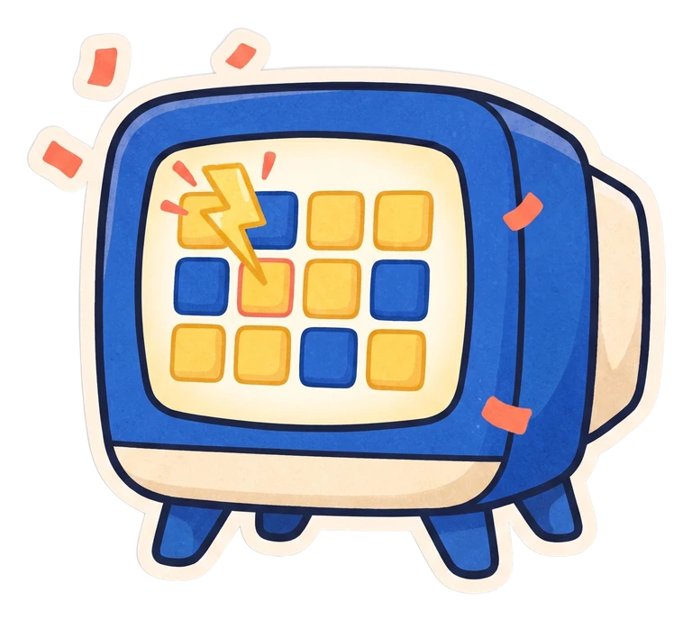 A retro TV showing a quiz board struck by lightning
